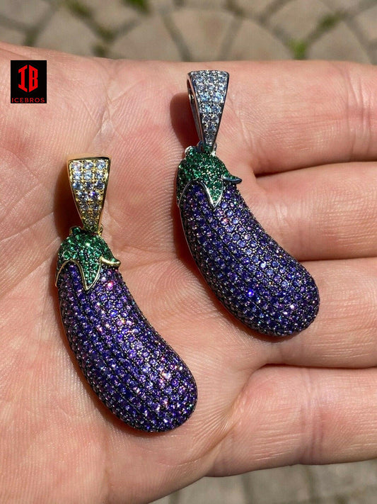 925 Sterling Silver Hip Hop Big Eggplant Emoji Pendant Necklace Iced Purple cz
