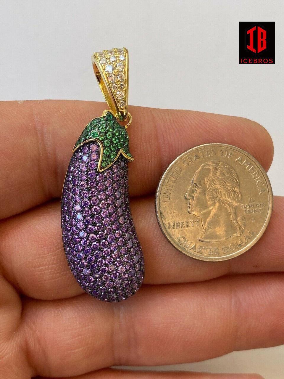 925 Sterling Silver Hip Hop Big Eggplant Emoji Pendant Necklace Iced Purple cz