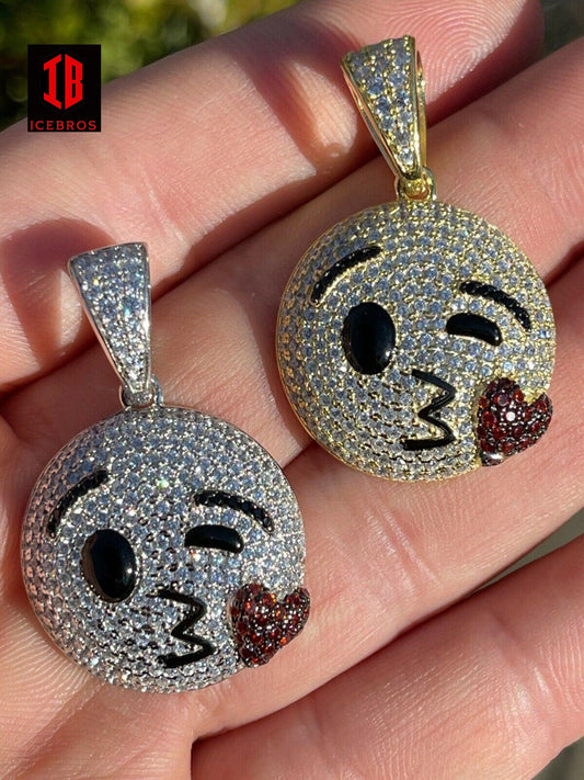 925 Sterling Silver Hip Hop Kiss Heart Face Emoji Pendant Necklace Icy