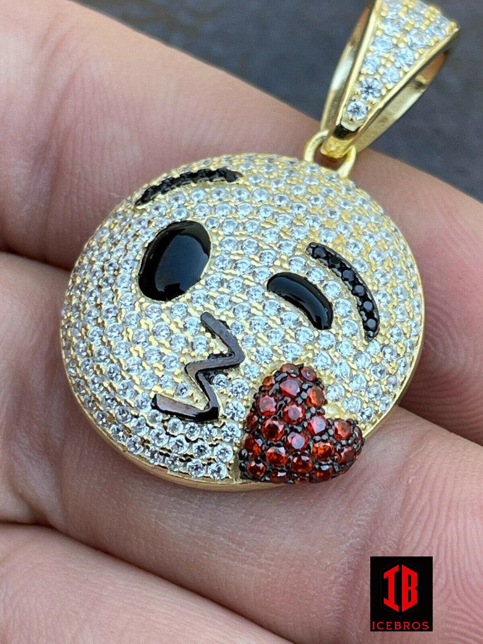 925 Sterling Silver Hip Hop Kiss Heart Face Emoji Pendant Necklace Icy