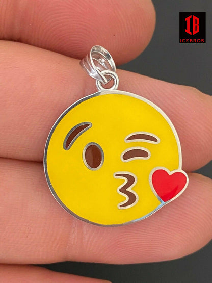 Smiley Blow Kiss Love Enamel Emoji Solid White 925 Sterling Silver 1"