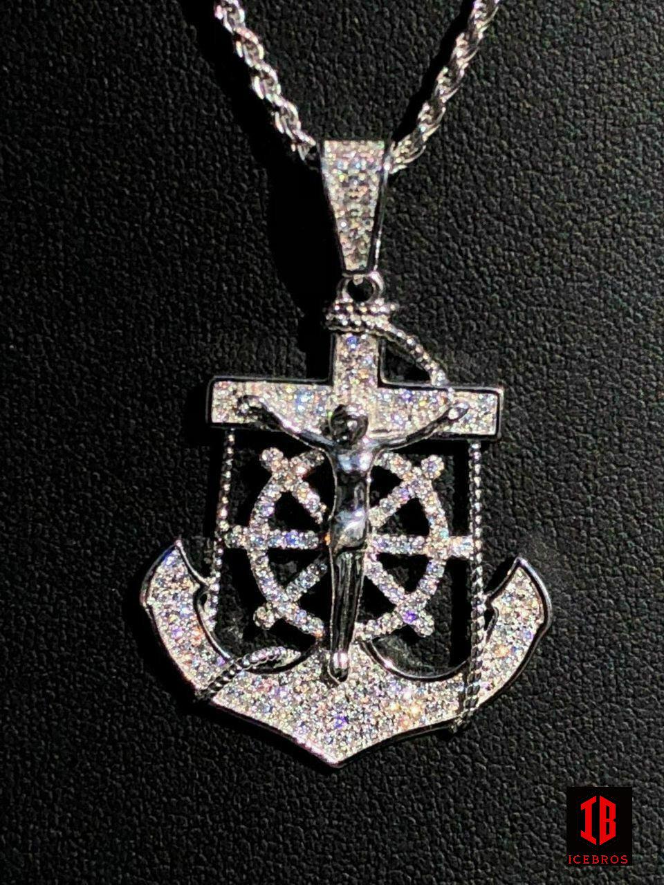 Men's Vermeil 925 Silver Jesus & Anchor Piece SUPER ICED cz Diamond 14k Gold Hip Hop