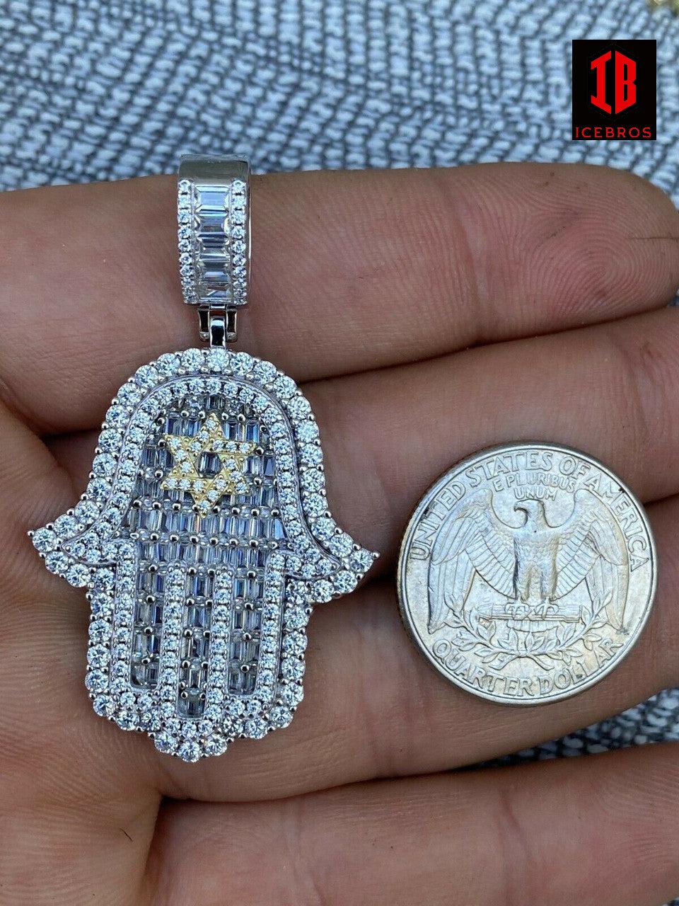 925 Sterling Silver Hip Hop Hamsa Hand Star Of David Pendant Iced cz Diamond