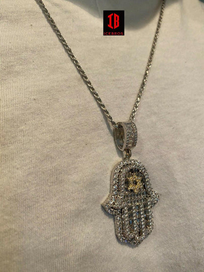 925 Sterling Silver Hip Hop Hamsa Hand Star Of David Pendant Iced cz Diamond