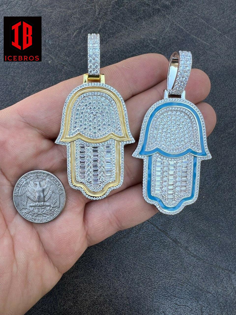 Enamel 925 Sterling Silver Gold Large Mens Hamsa Hand Pendant Ice Diamond Necklace