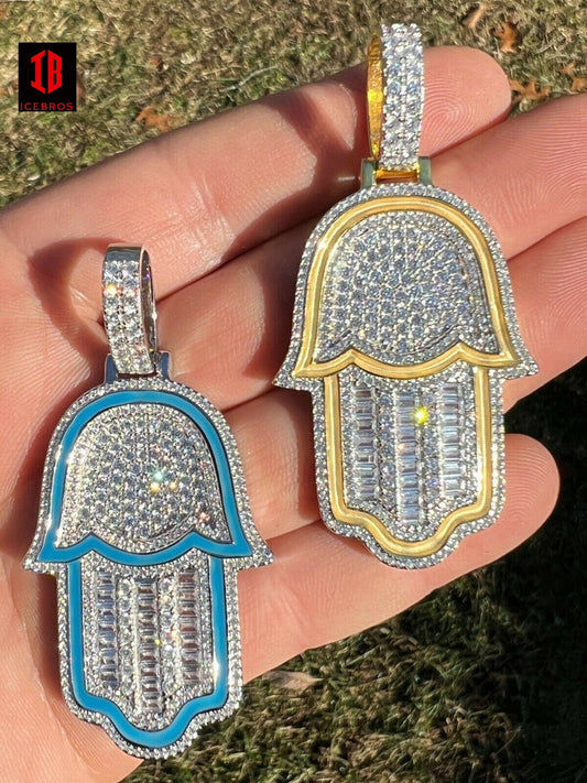 Enamel 925 Sterling Silver Gold Large Mens Hamsa Hand Pendant Ice Diamond Necklace