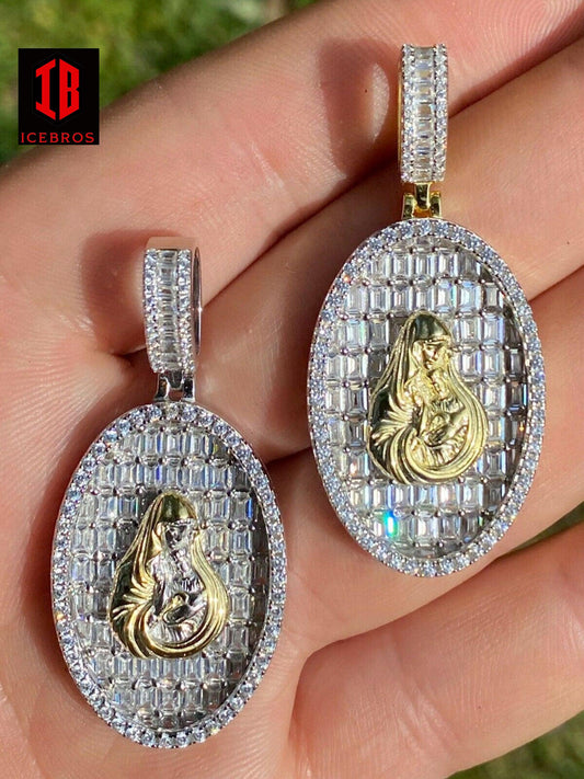 925 Vermeil Silver 14k Gold Virgin Mary Iced Diamond Medallion Pendant Necklace