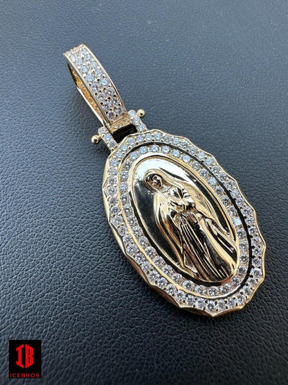 1.4ct Real Diamond Virgin Mary Pendant Solid 14k Gold Necklace Medallion Charm