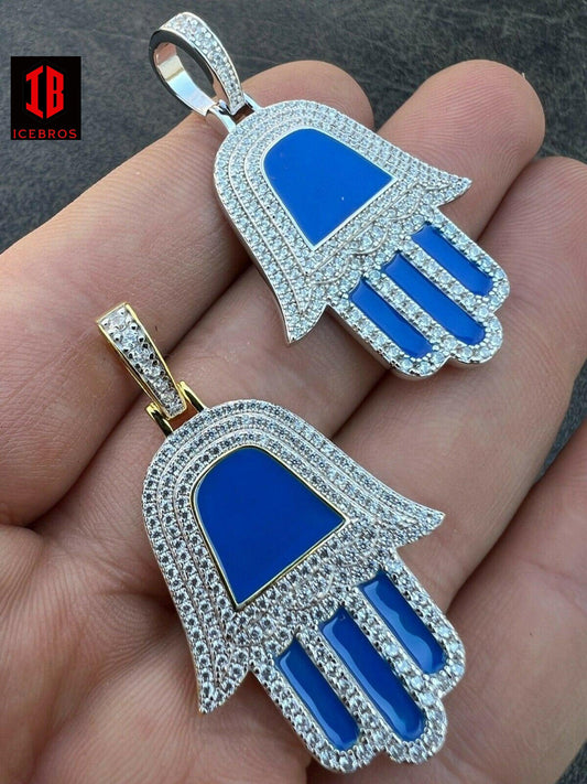 Enamel 925 Silver Gold Blue Hamsa Hand Pendant Iced Diamond Necklace Hamza Hand
