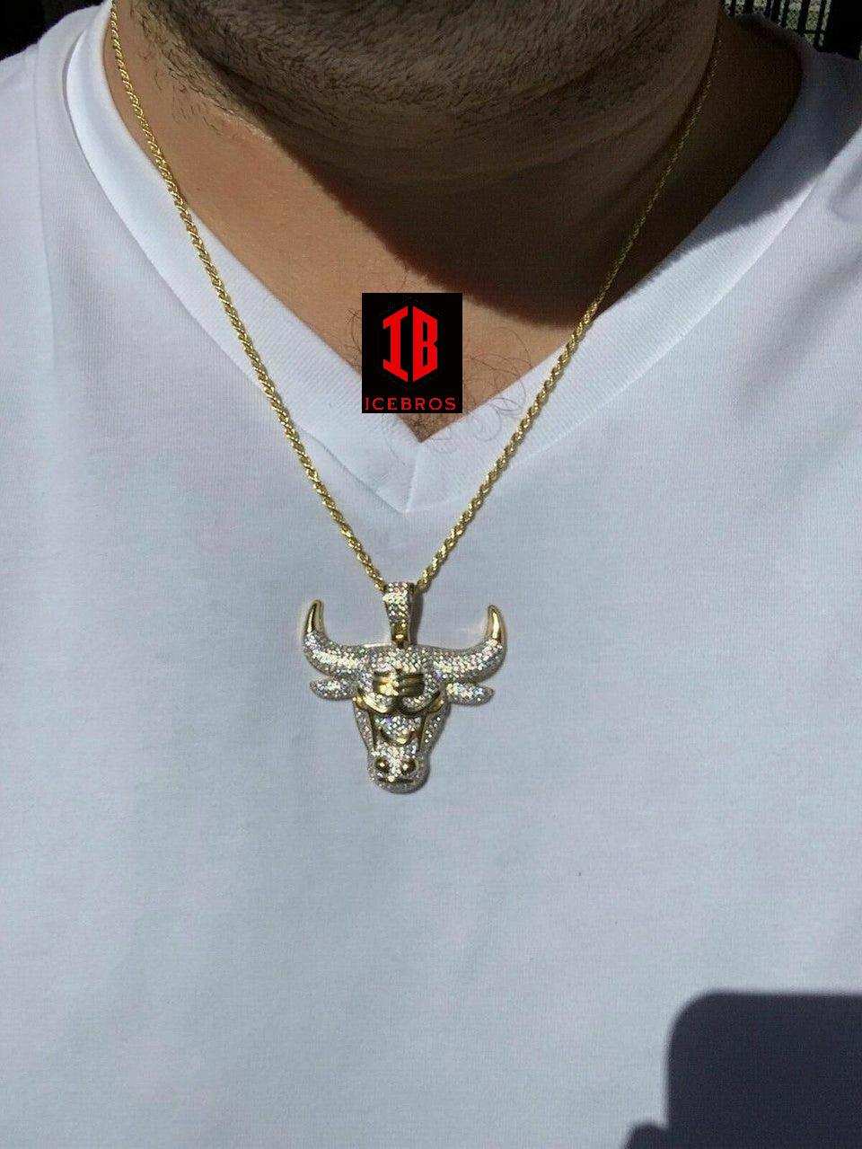 925 Silver Chicago Bulls Horn Iced Pendant Chain Charm