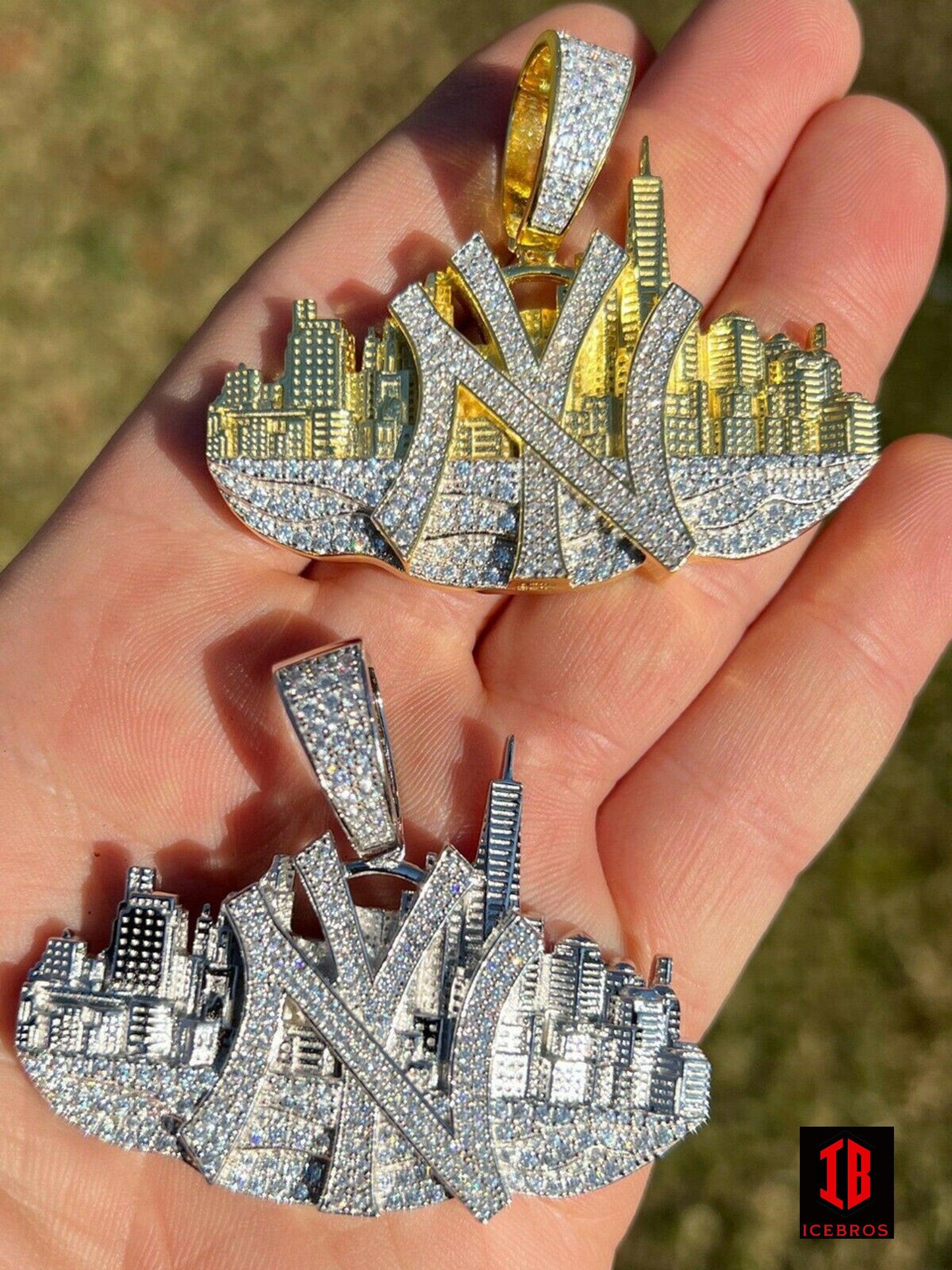 New York NYC Skyline Pendant Iced CZ Diamond 925 Silver Gold Necklace