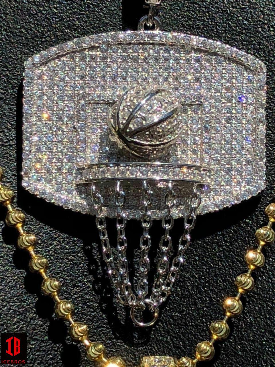 Unisex Solid 925 Silver Basketball Hoop CZ Diamond Charm Chain 14k Gold ICED