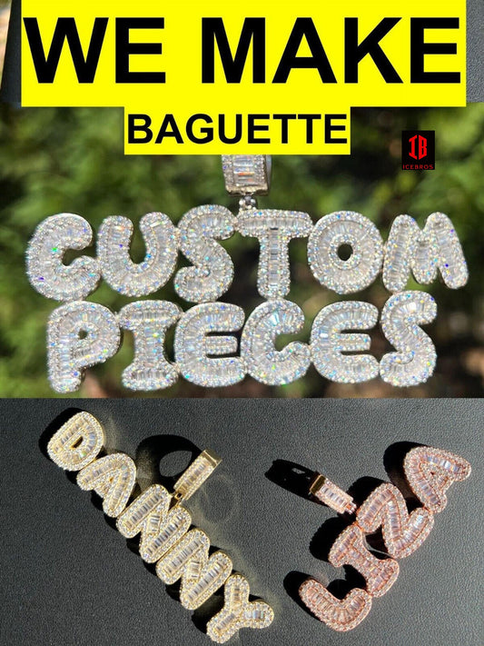 Custom Baguette Bubble Letter Pendant (Or Number) CZ Or Moissanite Graffiti Name 925 Silver