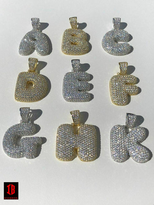Large 925 Silver Custom Bubble Letters Initial Pendant CZ FULLY ICED A B C D E F G - Z