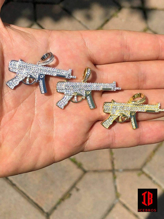 ICEBROS 925 Silver AK-47 Machine Gun Diamond Piece Super Icy Pendant W. Chain