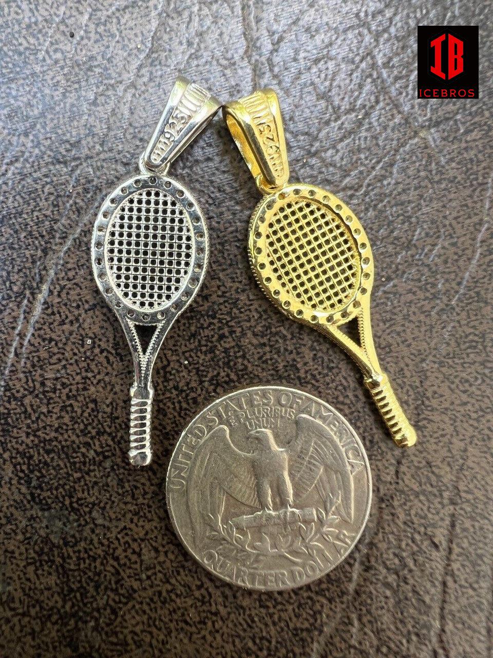 14K Over 925 Silver Tennis Racket Pendant Necklace Men's Ladies Ice