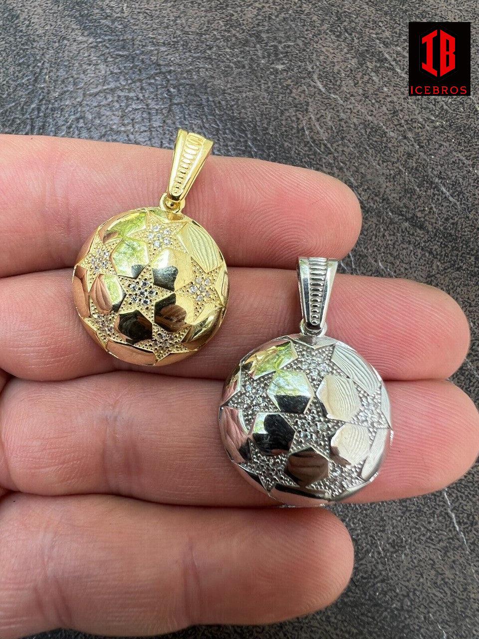 925 Silver 14k Gold Vermeil Soccer Ball Futbol Pendant Necklace Charm Iced