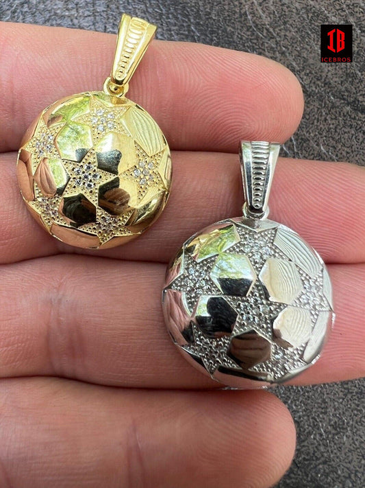 Star 925 Silver 14k Gold Vermeil Soccer Ball Futbol W. Stars Pendant Necklace Charm Iced