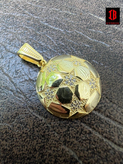 Star 925 Silver 14k Gold Vermeil Soccer Ball Futbol W. Stars Pendant Necklace Charm Iced