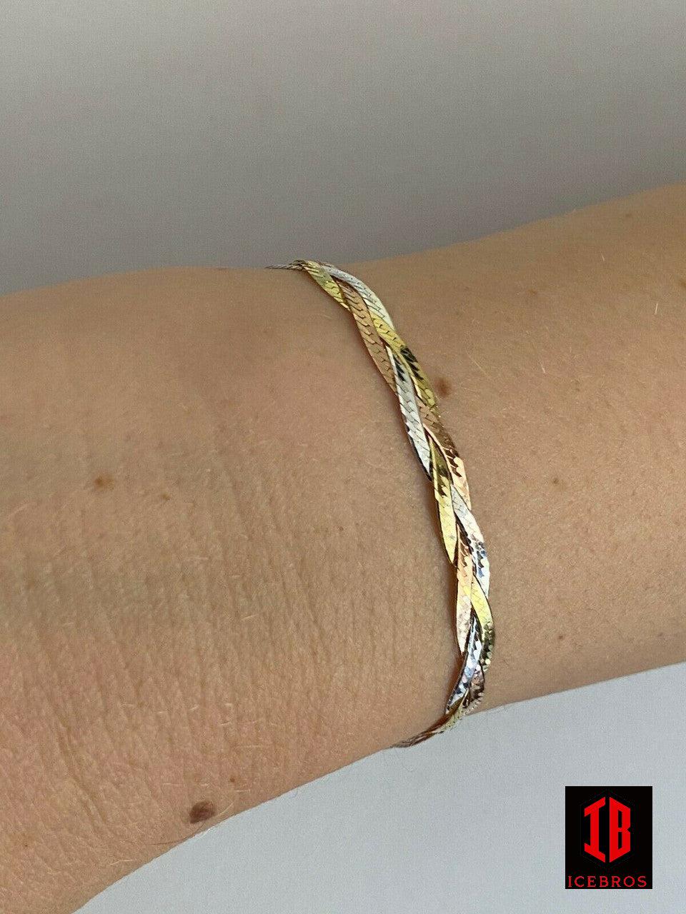 925 Silver Tri Color Yellow Rose Gold Twisted Micro Braided Herringbone Bracelet