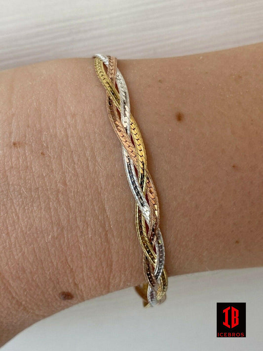 Vintage 925 Silver Tri Color Yellow Whtie Rose Gold Twisted Braided Herringbone Bracelet Matte Finish