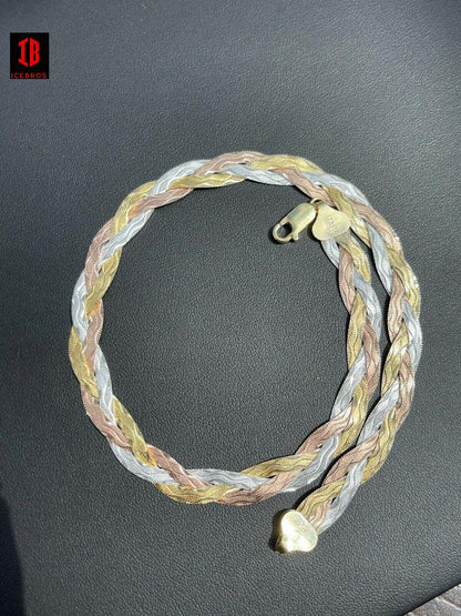 925 Silver Tri Color Yellow White Rose Gold Braided Herringbone Chain Necklace