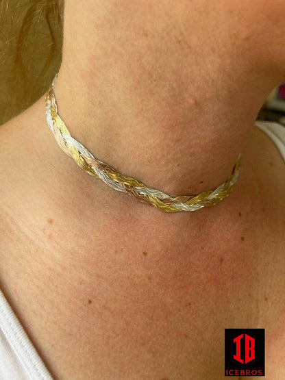 925 Silver Tri Color Yellow White Rose Gold Braided Herringbone Chain Necklace