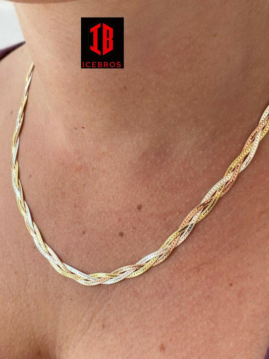 925 Matte Tri Color Yellow White Rose Gold Twisted Braided Vintage Herringbone Necklace