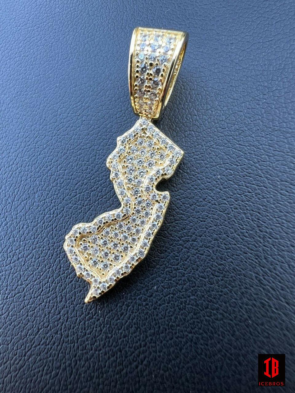 925 Silver N.J New Jersey State Shape Flag Iced CZ Diamond Necklace Gold