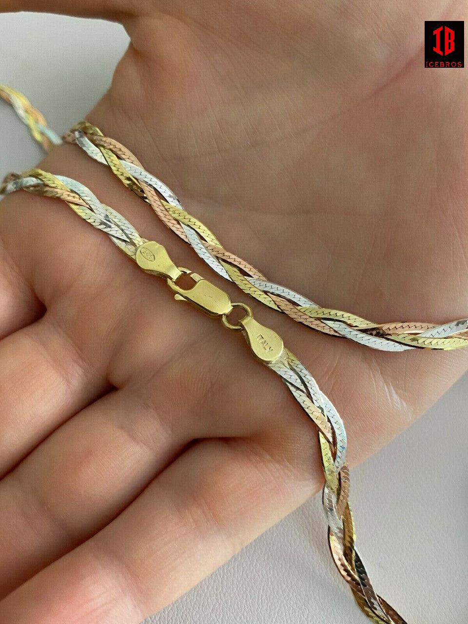 925 Silver Tri Color Yellow White Rose Gold Twisted Braided Herringbone Old School