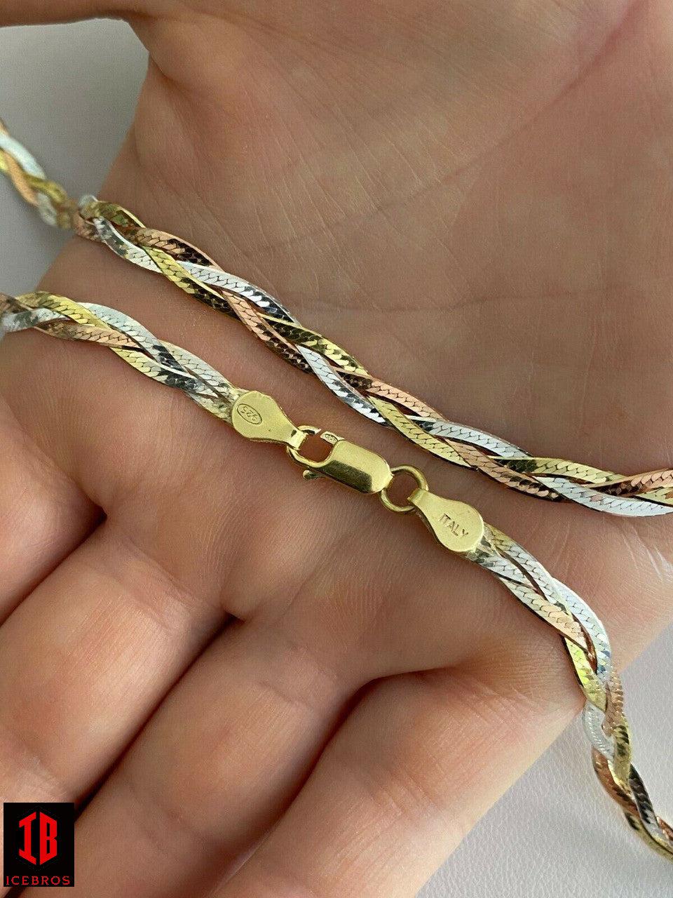 925 Silver Tri Color Yellow White Rose Gold Twisted Braided Herringbone Old School