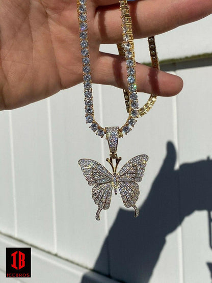 Butterfly Piece - Unisex Ladies Iced Real 925 Silver Gold Finish Necklace
