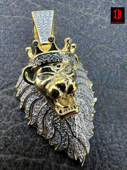 925 Silver 14K Gold Real Iced CZ Diamond Rasta Lion Crown Africa Pendant Necklace
