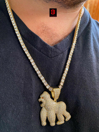 14K 925 Sterling Silver Gold Gorilla Pendant Ape Necklace Iced cz Diamond