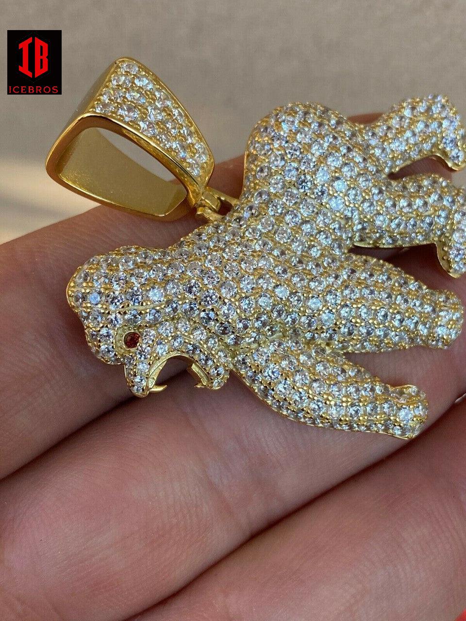 14K 925 Sterling Silver Gold Gorilla Pendant Ape Necklace Iced cz Diamond