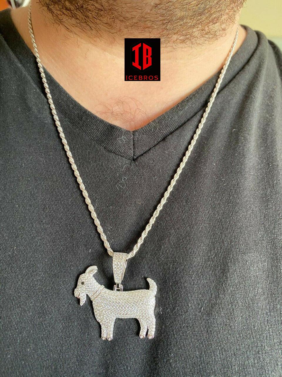 Solid 925 Sterling GOAT Pendant Bling Necklace Iced Gold Silver Unisex