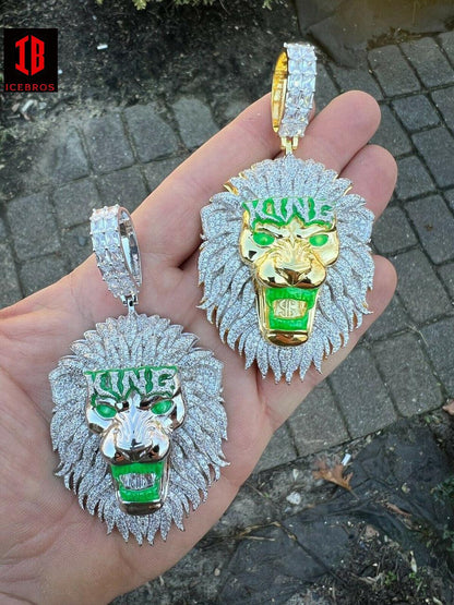925 Silver Gold Glows In The Dark LION GREEN KING Large Hip Hop Pendant