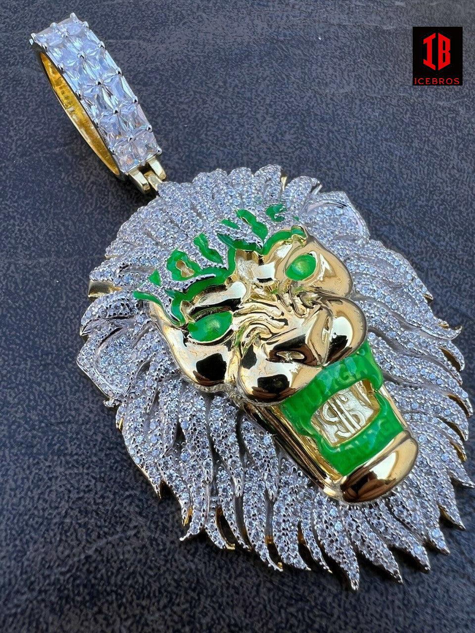 925 Silver Gold Glows In The Dark LION GREEN KING Large Hip Hop Pendant