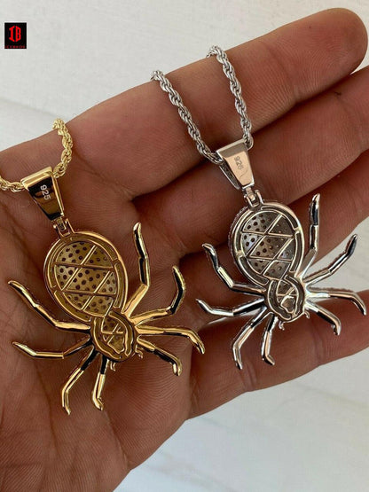925 Sterling Silver Iced Spider Pendant Necklace Iced Gold