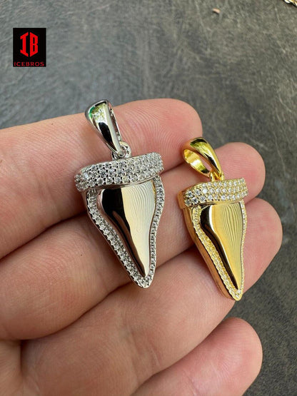 MOISSANITE Iced Solid Shark Tooth Iced Pendant 925 Silver 14K Gold Coating Charm
