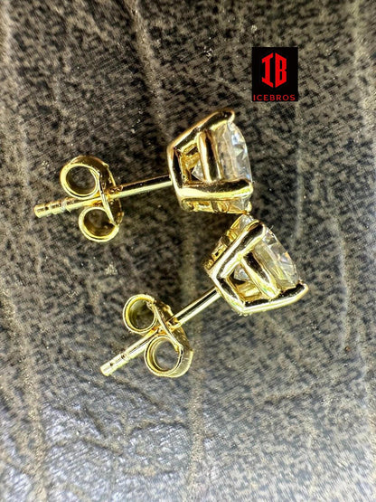 Round Moissanite Pushback Stud Earrings 14k Gold/White Over 925 Silver Hip Hop 3-10mm