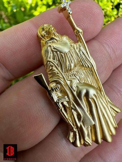 3D Santa Muerte MATTE Grim Reaper Death Charm W. AK47 925 ITALY Silver 14K Gold Bonded