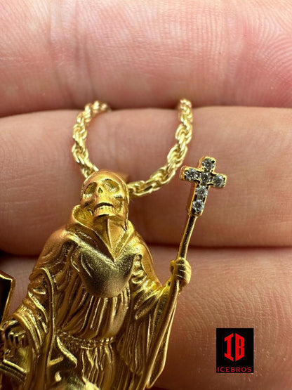 3D Santa Muerte MATTE Grim Reaper Death Charm W. AK47 925 ITALY Silver 14K Gold Bonded