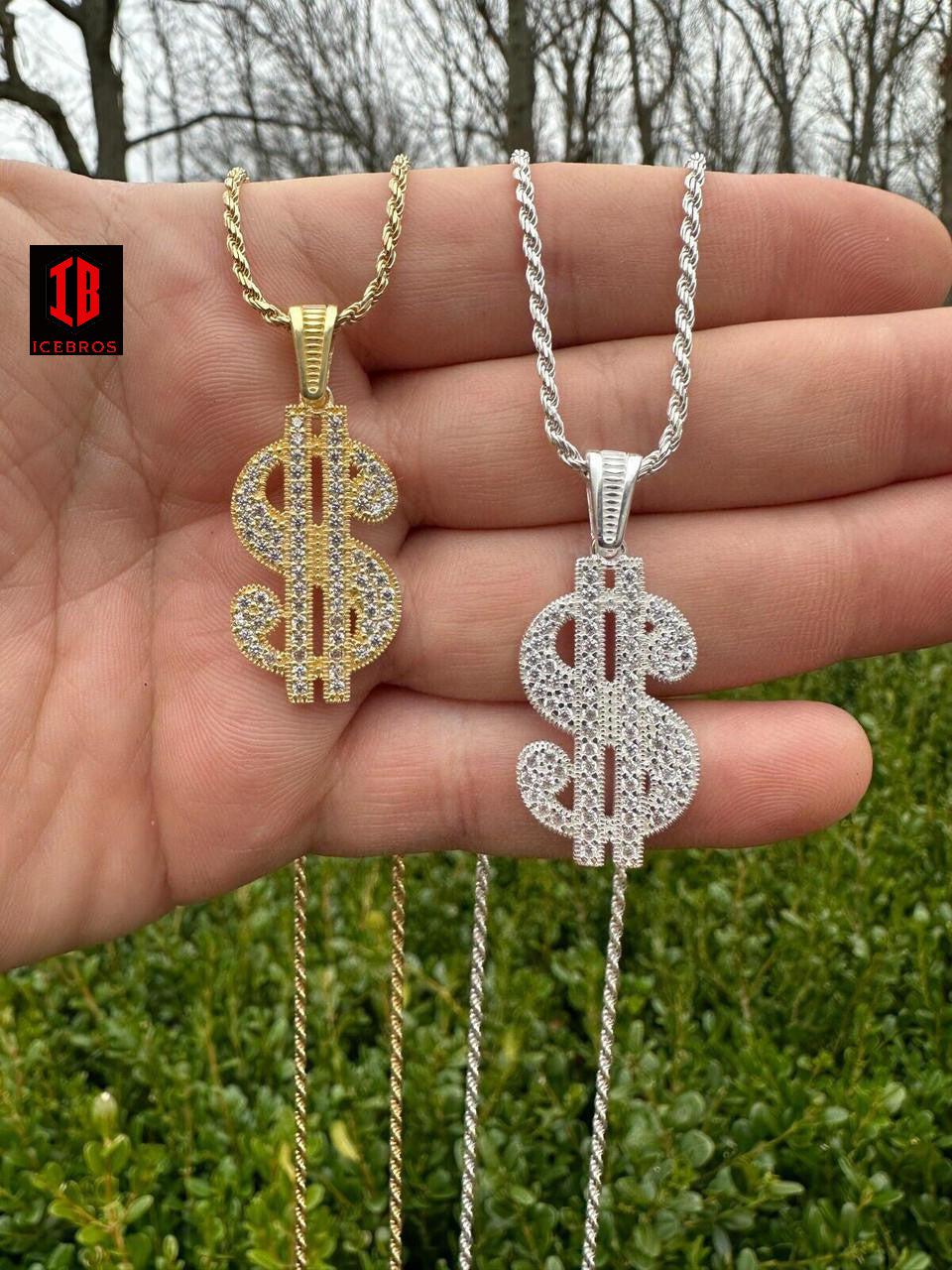 925 Vermeil Silver 14K Gold Color Iced Dollar $ Sign Money Hip Hop Pendant CZ Necklace