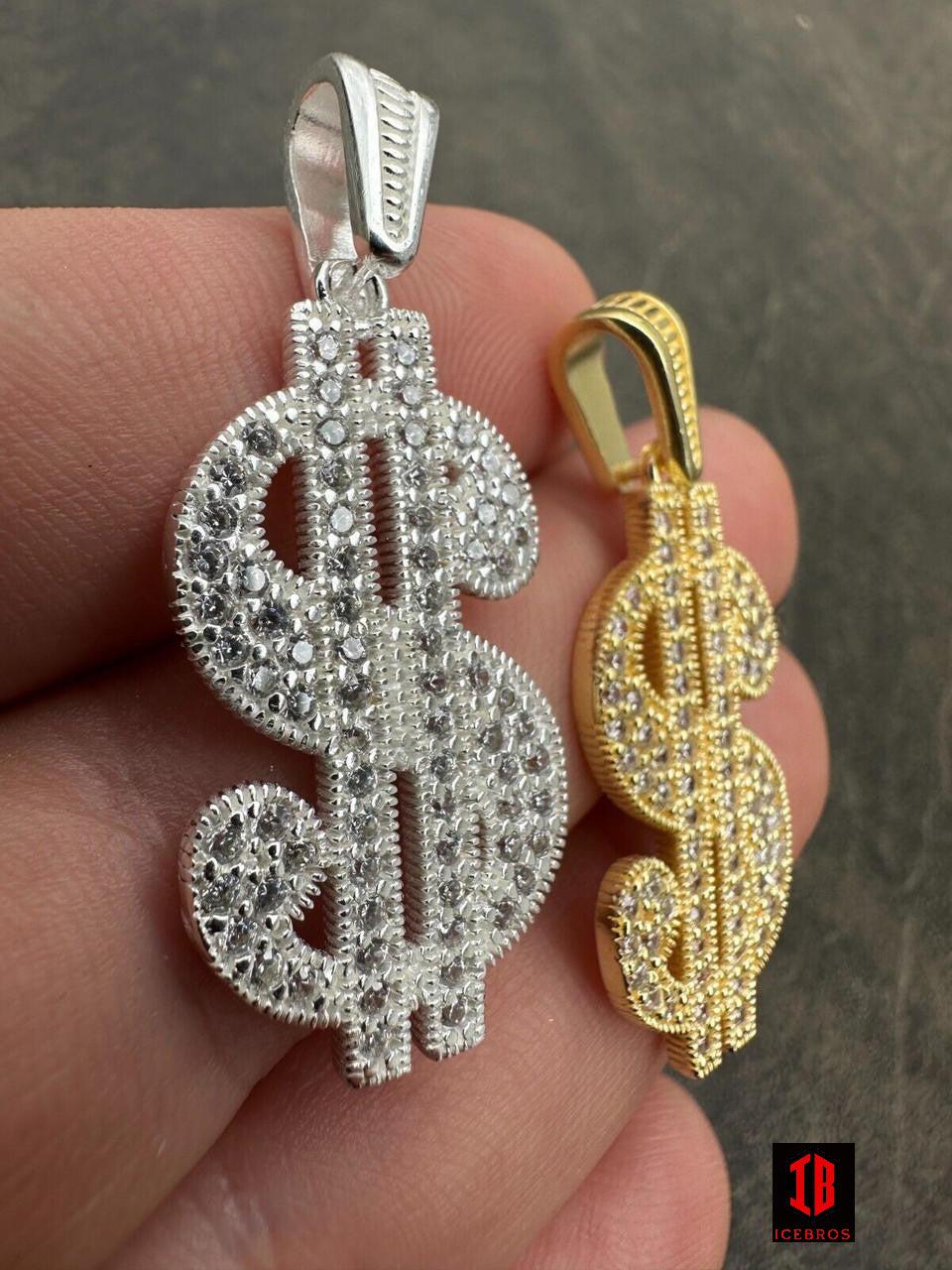 925 Vermeil Silver 14K Gold Color Iced Dollar $ Sign Money Hip Hop Pendant CZ Necklace