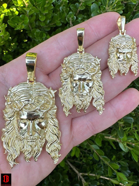 Glossy 10k 14k Gold Over 925 ITALY Silver Jesus Piece Iced Pendant Chain - 3 Sizes