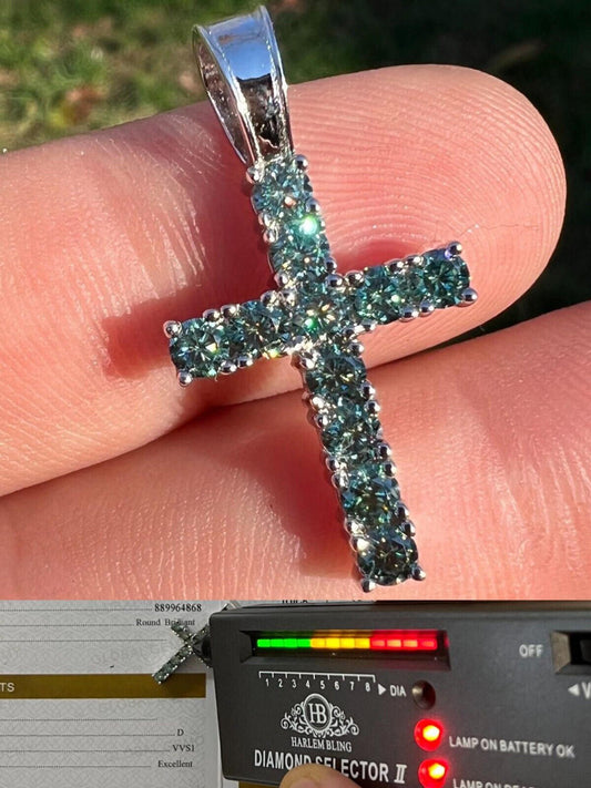 1" Blue Green MOISSANITE Real 925 Silver Iced Cross Pendant Diamond Tester ✅