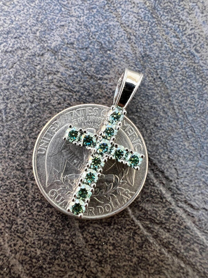 1" Blue Green MOISSANITE Real 925 Silver Iced Cross Pendant Diamond Tester ✅
