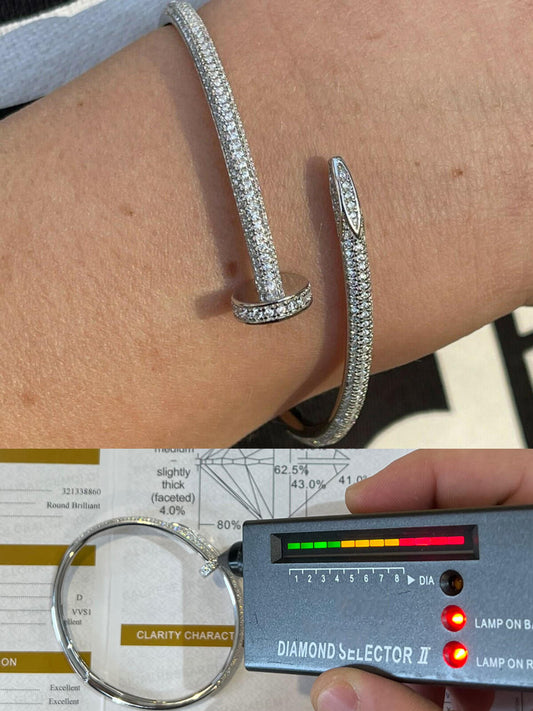 Sterling Moissanite Real 925 Silver Iced Diamond Nail Bangle Bracelet Passes Diamond Tester