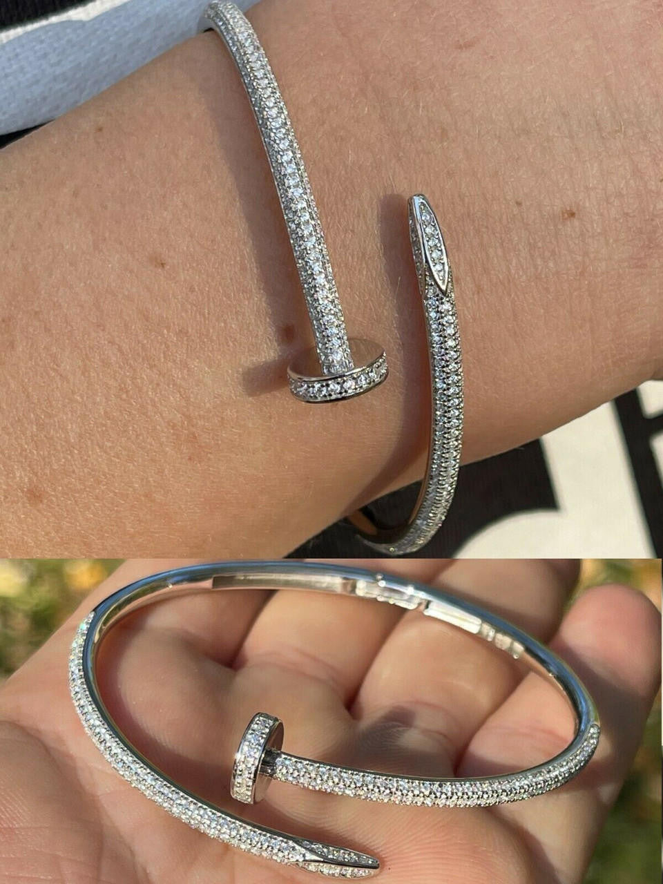 Sterling Moissanite Real 925 Silver Iced Diamond Nail Bangle Bracelet Passes Diamond Tester